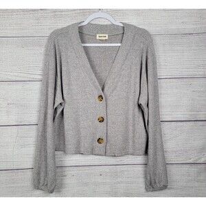 OPEN Edit Ribbed Cropped Button Down Long Sleeve Top Grey Size Medium